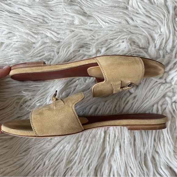 Loro Piana Natural Tan Open Toe Flat Suede Charm Slide Mules EUC Size 37.5 - Picture 3 of 12